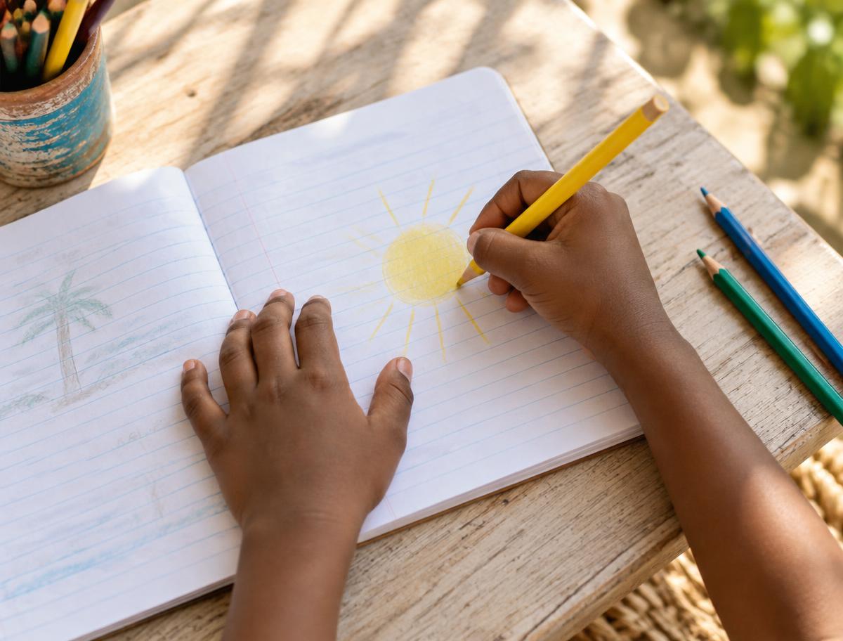 Manos de un niño dibujando un sol en un cuaderno