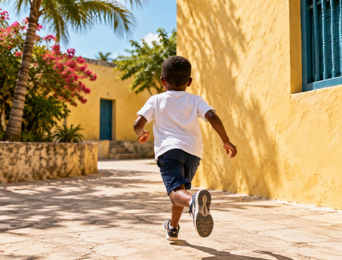 Niño jugando en un patio soleado, visto de espaldas