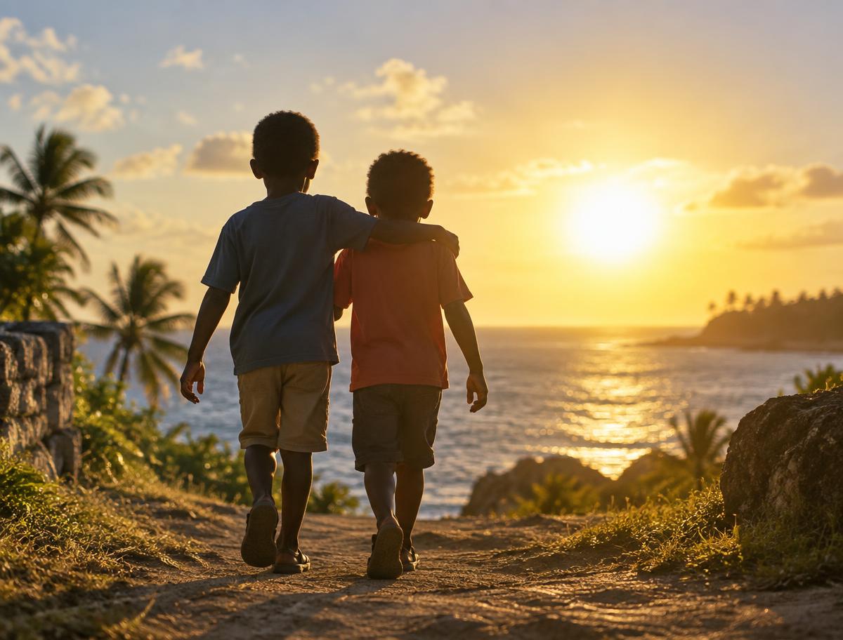 Dos niños caminando juntos hacia la luz, vistos de espaldas